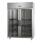 UPRIGHT FRIDGE - STAINLESS STEEL - VENTILATED COOLING - Mod. BG14ETNPV - GASTRONORM 2/1 - CAPACITY LT 1400 - N. 2 GLASS DOORS - TEMPERATURE 0°/+10°C - Dimensions cm L 142 x D 80 x H 203/210 - EC standards