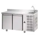 REFRIGERATED COUNTER WITH UPSTAND - STAINLESS STEEL AISI 304 - Mod. UG02MGNLAL - SINK INCLUDED - VENTILATED COOLING - GASTRONORM 1/1 - N. 2 DOORS - TEMPERATURE 0°/+10°C - Dimensions cm. L 142 x D 70 x H 115/120 - EC standards