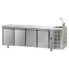 REFRIGERATED COUNTER - STAINLESS STEEL AISI 304 - Mod. UG04MGNL - SINK INCLUDED - VENTILATED COOLING - GASTRONORM 1/1 - N. 4 DOORS - TEMPERATURE 0°/+10°C - Dimensions cm. L 232 x D 70 x H 115/120 - EC standards