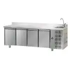REFRIGERATED COUNTER WITH UPSTAND - STAINLESS STEEL AISI 304 - Mod. UG04MGNLAL - SINK INCLUDED - VENTILATED COOLING - GASTRONORM 1/1 - N. 4 DOORS - TEMPERATURE 0°/+10°C - Dimensions cm. L 232 x D 70 x H 115/120 - EC standards