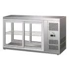 REFRIGERATED COUNTERTOP SNACK DISPLAY - STAINLESS STEEL AISI 430 - FLAT GLASS AND SLIDING DOORS ON BOTH SIDES - Mod. G-HAV131 - TEMPERATURE RANGE: +2/+8°C - Capacity Lt. 190 - Supply single phase 230V/1/50Hz - Power W 180 - Dimensions cm. L131 x D51 x 55 