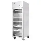 UPRIGHT FRIDGE - STAINLESS STEEL - Mod. MCF8604GR - VENTILATED COOLING - CAPACITY LT 670 - N. 1 GLASS DOOR - TEMPERATURE 0°/+8°C - Dim. cm L 73 x D 80,5 x h 206,5 - CE APPROVED