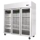 COMPACT UPRIGHT FRIDGE - STAINLESS STEEL - Mod. YCF9409GR - VENTILATED COOLING - CAPACITY LT 1390 - N. 3 GLASS DOORS - TEMPERATURE -17°/-20°C - Dim. cm L 180 x D 73 x h 195,5 - CE APPROVED