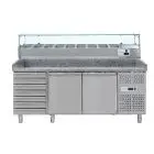 REFRIGERATED PIZZA COUNTER - STAINLESS STEEL - WITH PREP UNIT DISPLAY - COUNTER SUITABLE FOR PIZZA CONTAINERS cm 60x40 - VENTILATED COOLING - Mod DB2610TN38 - DOUBLE SOLID DOOR + 1 AMBIENT DRAWER UNIT - Temperature range -2°/+8°C - Dimensions cm L202,5 x 