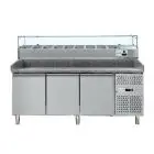 REFRIGERATED PIZZA COUNTER - STAINLESS STEEL - WITH PREP UNIT DISPLAY - COUNTER SUITABLE FOR PIZZA CONTAINERS cm 60x40 - VENTILATED COOLING - Mod DB3600TN38 - TRIPLE SOLID DOOR - Temperature range -2°/+8°C - Dimensions cm L202,5 x D80 x h145,5
