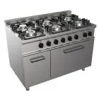 GAS COOKER, FREE-STANDING, 6-BURNERS - MOD. G7NURG6FH3M3G - With pilot light - Electric oven, static GN 2/1 cm L 68,5 x D 53 x 35 H - Cupboard with hinged door - Gas power kW 36 - Dimensions: cm L 120 x D 70 x H 85 - CE approved