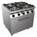 GAS COOKER, FREE-STANDING, 4-BURNERS - MOD. H7MZE4FO - Without pilot light - Gas oven, static GN 2/1 cm L 68,5 x D 53 x 35 H - Total power kW 26,9 - Dimensions: cm L 80 x D 70 x H 85 - CE approved