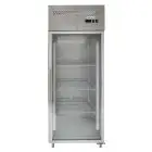 UPRIGHT FRIDGE - STAINLESS STEEL AISI 201 - VENTILATED COOLING - Mod. G-GN650BTG-FC - GASTRONORM 2/1 (cm 65x53) - SINGLE GLASS DOOR - CAPACITY LT 700 - TEMPERATURE RANGE -18°/-22º C - Dimensions cm L74 x D83 x h201 - CE APPROVED