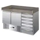 REFRIGERATED PIZZA COUNTER - STAINLESS STEEL AISI 304 - GASTRONORM 1/1 (cm 53x32,5) - STATIC COOLING - Mod. G-S903PZCASSV - DOUBLE SOLID DOOR + N. 6 AMBIENT DRAWERS - Temperature range +2°/+8°C - Dimensions cm 140X70X102 - CE APPROVED