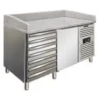 REFRIGERATED PIZZA COUNTER - STAINLESS STEEL - SUITABLE FOR PIZZA CONTAINERS cm 60x40 - VENTILATED COOLING - Mod PZF01C - N 1 REFRIGERATED DOOR + 1 AMBIENT DRAWER UNIT WITH N 7 DRAWERS - TEMPERATURE +2°/+8°C - Dim cm L 151,5 x D 80 X h 100