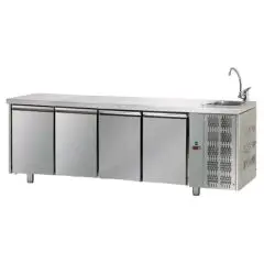 REFRIGERATED COUNTER - STAINLESS STEEL AISI 304 - Mod. UG04MGNL - SINK INCLUDED - VENTILATED COOLING - GASTRONORM 1/1 - N. 4 DOORS - TEMPERATURE 0°/+10°C - Dimensions cm. L 232 x D 70 x H 115/120 - EC standards