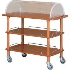 3-SHELF WOODEN CATERING TROLLEY WITH DISPLAY LID - MOD. CLC3 - Trolley for desserts, cheese and starter dishes - Semi-circle plexiglass lid curved inwards - Dim. cm L110xD55xH114