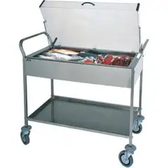 2-SHELF REFRIGERATED STAINLESS STEEL TROLLEY WITH EUTECTIC PADS - MOD. CA1165 - Suitable for desserts, cheese, cold cuts and starter dishes - Stainless steel construction - N°8 eutectic pads - Plexiglass dome display lid - Dimensions cm L108xD57xH104