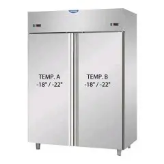 UPRIGHT FRIDGE - STAINLESS STEEL AISI 304 - VENTILATED COOLING - REFRIGERATED DUAL TEMP LT+LT - Mod. AF I4 MID NN - CAPACITY Lt 1380 - 2 DOORS - TEMPERATURE NT -18°/-22°C - Dimensions cm L 142 x D 80 x H 203/210 - EC Standards