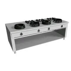 GAS EURASIA COOKER, 7 BURNERS  - MOD. PAP07 - Entirely made to measure - Open cupboard - Smooth cooktop - Gas power choices kW 3,0/4,5/7,5/9,5/14/21 - Dimensions: cm L 200 x D 100 x H 85 - CE approved