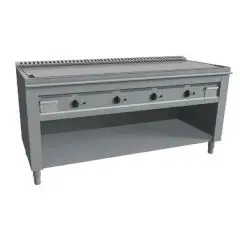 GAS TEPPANYAKI GRIDDLE, 4 BURNERS  - MOD. VGP4180L - 4 cooking zones - Entirely made to measure - Open cupboard - Shiny hard chrome cooking plate - Perimetral runner - Gas power kW 23,2 (4x5,8 kW) - Dimensions: cm L 180 x D 72 x H 85 - CE approved