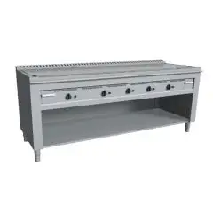 GAS TEPPANYAKI GRIDDLE, 5 BURNERS  - MOD. VGP5200L - 5 cooking zones - Entirely made to measure - Open cupboard - Shiny hard chrome cooking plate - Perimetral runner - Gas power kW 29,0 (5x5,8 kW) - Dimensions: cm L 200 x D 72 x H 85 - CE approved