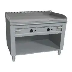 GAS TEPPANYAKI GRIDDLE, 2 BURNERS  - MOD. VGO2100L - 2 cooking zones - Entirely made to measure - Open cupboard - Shiny hard chrome cooking plate - Upstand on 4 sides - Gas power kW 11,6 (2x5,8 kW) - Dimensions: cm L 100 x D 72 x H 85 - CE approved