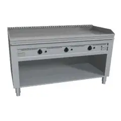 GAS TEPPANYAKI GRIDDLE, 3 BURNERS  - MOD. VGO3120L - 3 cooking zones - Entirely made to measure - Open cupboard - Shiny hard chrome cooking plate - Upstand on 4 sides - Gas power kW 17,4 (3x5,8 kW) - Dimensions: cm L 120 x D 72 x H 85 - CE approved