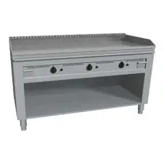 GAS TEPPANYAKI GRIDDLE, 3 BURNERS  - MOD. VGO3140L - 3 cooking zones - Entirely made to measure - Open cupboard - Shiny hard chrome cooking plate - Upstand on 4 sides - Gas power kW 17,4 (3x5,8 kW) - Dimensions: cm L 140 x D 72 x H 85 - CE approved