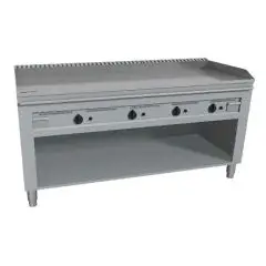 GAS TEPPANYAKI GRIDDLE, 4 BURNERS  - MOD. VGO4160L - 4 cooking zones - Entirely made to measure - Open cupboard - Shiny hard chrome cooking plate - Upstand on 4 sides - Gas power kW 23,2 (4x5,8 kW) - Dimensions: cm L 160 x D 72 x H 85 - CE approved
