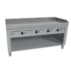 GAS TEPPANYAKI GRIDDLE, 4 BURNERS  - MOD. VGO4180L - 4 cooking zones - Entirely made to measure - Open cupboard - Shiny hard chrome cooking plate - Upstand on 4 sides - Gas power kW 23,2 (4x5,8 kW) - Dimensions: cm L 180 x D 72 x H 85 - CE approved