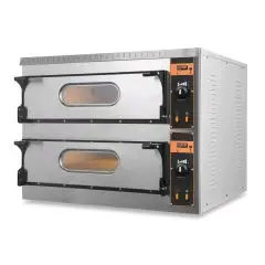 ELECTRIC PIZZA OVEN - Mod. UMD 44 BIG - ELECTRONIC CONTROL with DISPLAY - Twin deck oven - Firebrick oven base or firebrick oven top and base - Low power consumption - Chamber dimensions (x2) cm L 72 x D 72 x h 14 - N. Pizzas 4 + 4 (Ø cm 36) - N. 2 pans 6