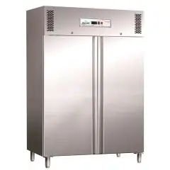 UPRIGHT FRIDGE - STAINLESS STEEL AISI 304 - VENTILATED COOLING - Mod. G-GN1410BT - GASTRONORM 2/1 (cm 65x53) - DOUBLE SOLID DOOR - GROSS CAPACITY LT 1325 - TEMPERATURE RANGE -18º/-22ºC - Dimensions cm L148 x D83 x h201 - CE APPROVED