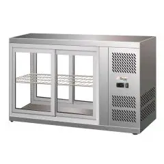 REFRIGERATED COUNTERTOP SNACK DISPLAY - STAINLESS STEEL AISI 430 - FLAT GLASS AND SLIDING DOORS ON BOTH SIDES - Mod. G-HAV91 - TEMPERATURE RANGE: +2/ +8°C - Capacity Lt. 110 - Supply single phase 230V/1/50Hz - Power W 180 - Dimensions cm. L91 x D51 x 55 H
