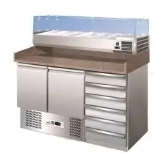 REFRIGERATED PIZZA COUNTER - STAINLESS STEEL AISI 304 - GASTRONORM 1/1 (cm 53x32,5) - STATIC COOLING - Mod. G-S903PZCAS - WITH PREP UNIT DISPLAY - DOUBLE SOLID DOOR + N. 6 AMBIENT DRAWERS - TEMPERATURE RANGE +2°/+8°C - Dimensions cm L140 x D70 x h146,5 - 