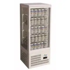 REFRIGERATED COUNTERTOP DRINKS DISPLAY - GLASS ON 4 SIDES - Mod. G-TCBD98 - TEMPERATURE RANGE +2º/+8ºC - Capacity Lt. 98 - Supply single phase 230V/1/50Hz - Power W 170 - Dimensions cm L42,8 x D38,6 x h115 - Weight Kg 38