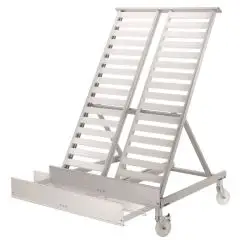 Inclined Display with removable front speaker holder - For Fruit and Vegetables - Mod. QUEEN XPE12 - Capacity: n. 10+2 boxes - Anodized aluminum alloy frame - Adjustable inclination - With wheels (n.2 with foot lock)