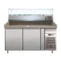 REFRIGERATED PIZZA COUNTER - STAINLESS STEEL AISI 304 - WITH PREP UNIT DISPLAY - COUNTER SUITABLE FOR PIZZA CONTAINERS cm 60x40 - VENTILATED COOLING - Mod. G-PZ2600TN38 - DOUBLE SOLID DOOR - TEMPERATURE RANGE +2°/+8°C - Dimensions cm L151 x D80 x h144,5 -