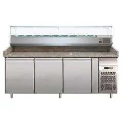 REFRIGERATED PIZZA COUNTER - STAINLESS STEEL AISI 304 - WITH PREP UNIT DISPLAY - COUNTER SUITABLE FOR PIZZA CONTAINERS cm 60x40 - VENTILATED COOLING - Mod. PZ3600TN33 - TRIPLE SOLID DOOR - TEMPERATURE RANGE +2°/+8°C - Dimensions cm L202 x D80 x h144,5 - C