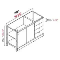 AMBIENT BACK BAR COUNTER - FINISHING PANELS NOT INCLUDED - MOD. RBL1500SCORRCASS - METAL CONSTRUCTION - N. 2 GREY CHIPBOARD SLIDING DOORS - N. 4 GREY CHIPBOARD DRAWERS - AVAILABLE IN 3 DEPTH SIZES: cm 40, 55, 63 - DIM Cm L 150 X H 96,9