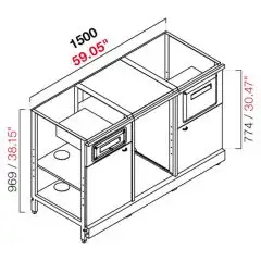 AMBIENT BACK BAR COUNTER FOR ESPRESSO MACHINE - FINISHING PANELS NOT INCLUDED - MOD. RBL1500MC - METAL CONSTRUCTION - N. 1 CASH TILL DRAWER - N. 1 COFFEE GROUNDS DRAWER - N. 2 SMALL-SIZE GREY CHIPBOARD DOORS - N. 1 OPEN AMBIENT CABINET - AVAILABLE IN 2 DE