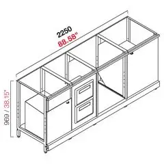 AMBIENT BACK BAR COUNTER - FINISHING PANELS NOT INCLUDED - MOD. RBL2250 - METAL CONSTRUCTION - N. 1 FULL-SIZE GREY CHIPBOARD HINGED DOOR - N. 1 SMALL-SIZE GREY CHIPBOARD HINGED DOOR - DOUBLE HOPPER - N. 1 OPEN AMBIENT CABINET - AVAILABLE IN 2 DEPTH SIZES: