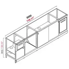 AMBIENT BACK BAR COUNTER FOR ESPRESSO MACHINE - FINISHING PANELS NOT INCLUDED - MOD. RBL3000MC - METAL CONSTRUCTION - N. 1 COFFEE GROUNDS DRAWER WITH SMALL-SIZE DOOR BELOW - N. 2 GREY CHIPBOARD SLIDING DOORS - N. 1 OPEN AMBIENT CABINET FOR GLASS WASHER - 