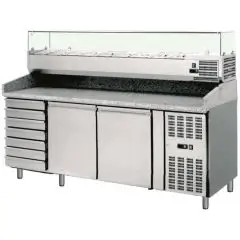 REFRIGERATED PIZZA COUNTER - STAINLESS STEEL - WITH PREP UNIT DISPLAY GN 1/3 - FOR PIZZA DOUGH CONTAINERS cm 60 x 40 x 7 H - VENTILATED COOLING - Mod. AK2612TN38 - N. 2 REFRIGERATED DOORS + 1 AMBIENT DRAWER UNIT WITH N. 7 DRAWERS - TEMPERATURE -2°/+8°C - 