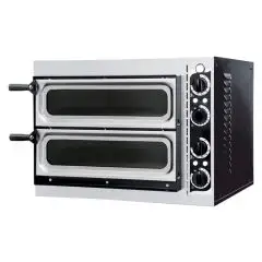 ELECTRIC PIZZA OVEN - MECHANICAL CONTROL - Mod. BASIC 2/40 - Twin deck oven with glass window - firebrick oven base - Chamber dimensions cm L 41 x D 36 x H 9 - N. Pizzas 1 + 1 (Ø cm 32) - Power 2,4 Kw - CE APPROVED