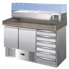 REFRIGERATED PIZZA COUNTER - STAINLESS STEEL AISI 201 - GASTRONORM 1/1 (cm 53x32,5) - STATIC COOLING - Mod. G-S903PZCAS/14033V FC - WITH PREP UNIT DISPLAY - DOUBLE SOLID DOOR + n. 6 AMBIENT DRAWERS - Temperature range +2°/+8°C - Dimensions cm L142 x D70 x