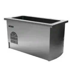 Cold unit with deep pan top - Island unit with hidden cupboard - Side panels and perimetral skirting board - Stainless steel construction with scotch brite finish
