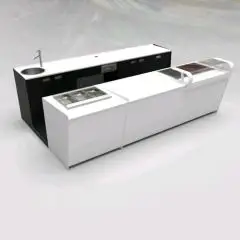 BAR COUNTER AND BACK COUNTER WITH PANORAMA ICE CREAM DISPLAY - MOD. START UP L1000PANORAMA+L2500/SX H951 BC - WITH REFRIGERATED TANK FOR FOOD & BEVERAGE DISPLAY ON THE LEFT - TRANSPARENT GLASS PROTECTION PALLET FOR REFRIGERATED TANK - N. 3 CELLS WITH VENT