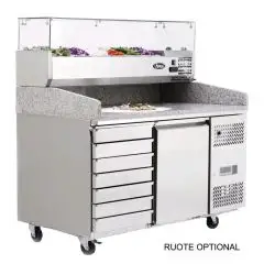 REFRIGERATED PIZZA COUNTER - STAINLESS STEEL - Mod. EPF3490GR/38 - ENERGY CLASS A - WITH PREP UNIT DISPLAY GN 1/3 - SUITABLE FOR PIZZA CONTAINERS cm 60x40 - VENTILATED COOLING - N. 1 DOOR - N. 7 AMBIENT DRAWERS cm 60x40 - TEMPERATURE -2°/+8°C - Dim. cm. L