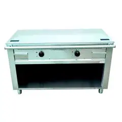 ELECTRIC TEPPANYAKI GRIDDLE, 2 COOKING ZONES  - MOD. VGP2100G - Entirely made to measure - Open cupboard - Shiny hard chrome cooking plate - Perimetral runner - Electric power kW 10,8 (2x5,4 kW) - Three phase 400V - Dimensions: cm L 100 x D 70 x H 85 - CE
