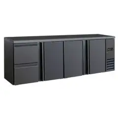 UNDER COUNTER BACK BAR FRIDGE - Mod DD 423 UF - Temperature 0°/+10°C - Capacity lt. 586 - Single-phase power supply V220/1 - Power W 320 - Dimensions cm L 254,2 x D 51,3 x H 86 - Weight Kg. 123