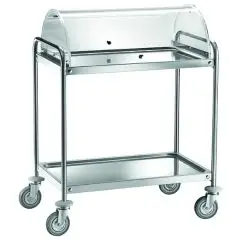 TWO-TIER SERVICE TROLLEY - Mod CA139C - For desserts and appetizers - Round tubular structure Ø 25 mm in stainless steel - Trays molded in stainless steel, soundproofed with satin finish - Plexiglass dome