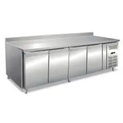 REFRIGERATED TABLE WITH UPSTAND - AISI 304 STAINLESS STEEL - VENTILATED COOLING - Mod. ECZ4200BT - GASTRONORM 1/1 (cm 53 x 32,5) - N. 4 DOORS - CAPACITY Lt 616 - TEMPERATURE -10°/-20°C - Dim. cm. L 223 x D 70 x h 96 - CE approved