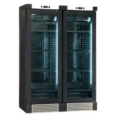 WINE DISPLAY COOLER - Mod ENY 820 N BLACK - STATIC - TEMPERATURE °C +4/+18 - N. 2 GLASS DOORS - BLACK ASH WOOD STRUCTURE - GROSS CAPACITY Lt. 764 - NET CAPACITY Lt. 604 - POWER W 244 - POWER SUPPLY 220/50Hz SINGLE-PHASE - DIMENSIONS cm L 131,5 x D 67,5 x 