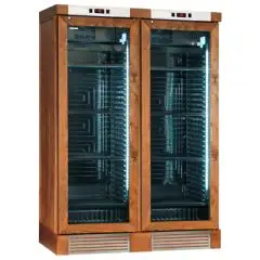 WINE DISPLAY COOLER - Mod ENY 820 N NM - STATIC - TEMPERATURE °C +4/+18 - 2 GLASS DOORS - MEDIUM WALNUT WOOD STRUCTURE - GROSS CAPACITY of 764 liters - NET CAPACITY of 604 liters - POWER of 244 W - 220/50Hz SINGLE-PHASE POWER SUPPLY - DIMENSIONS cm L 131,